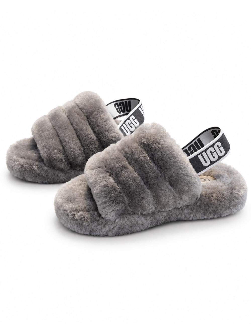 UGG Women’s Grey Fluff Slide with Branded Heel Strap